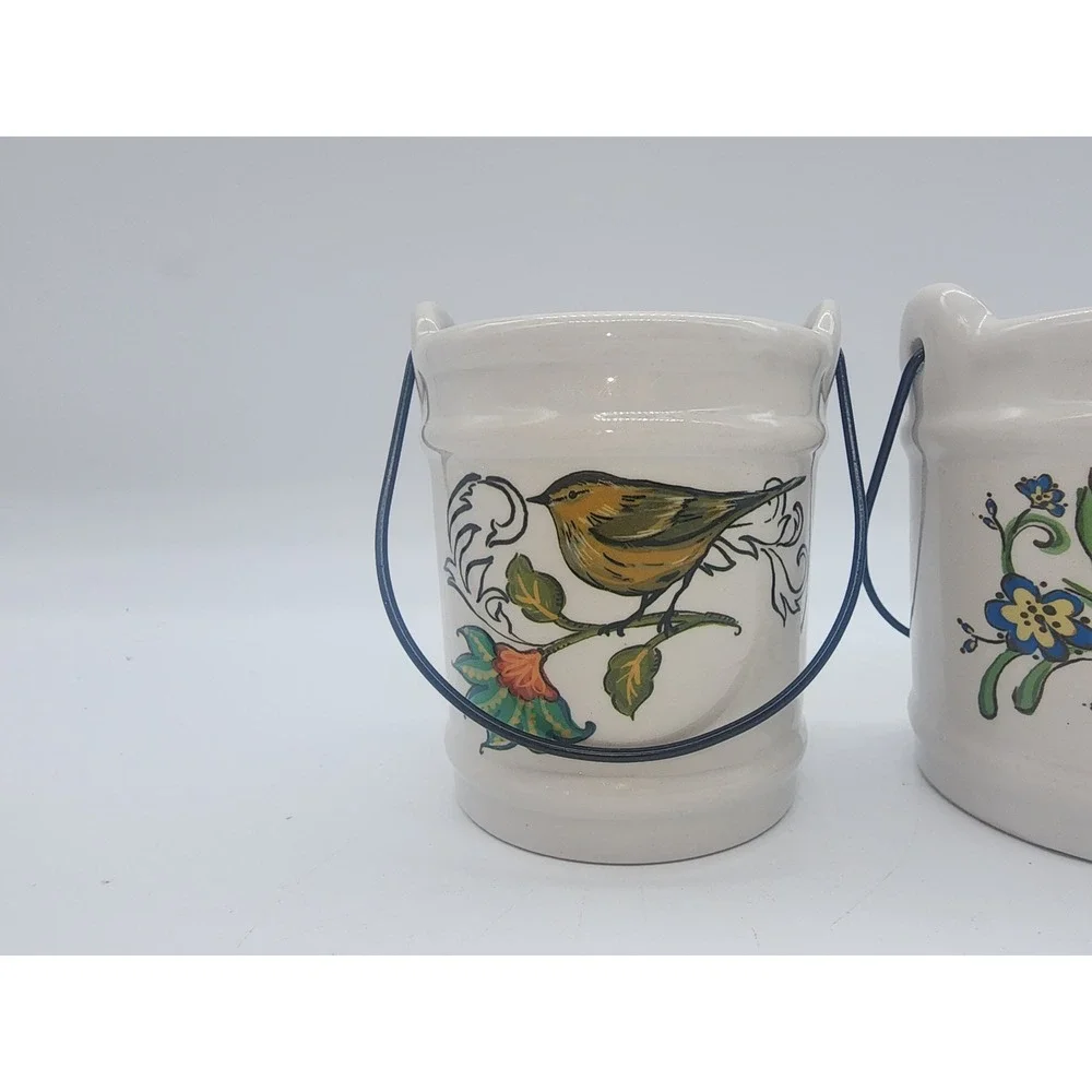 Set of 2 Ceramic Bird Votive Candle Holders with Wire Handles Hand Painted